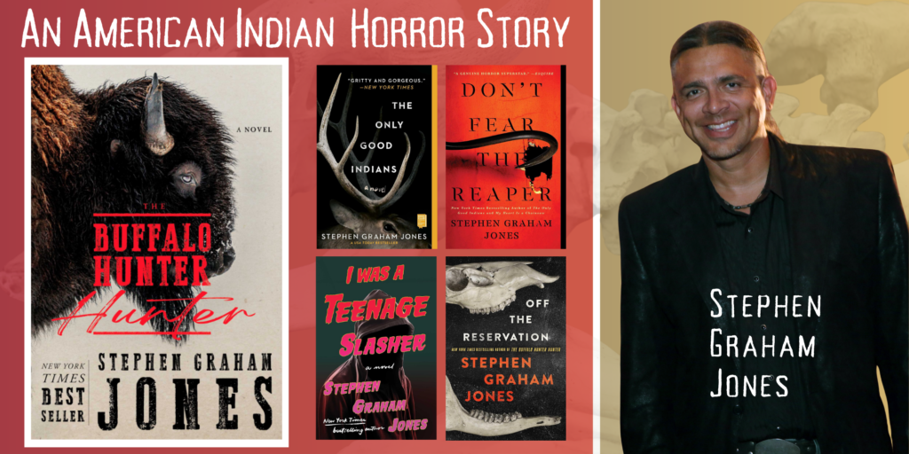 Picture of Stephen Graham Jones next to 5 of his book covers.