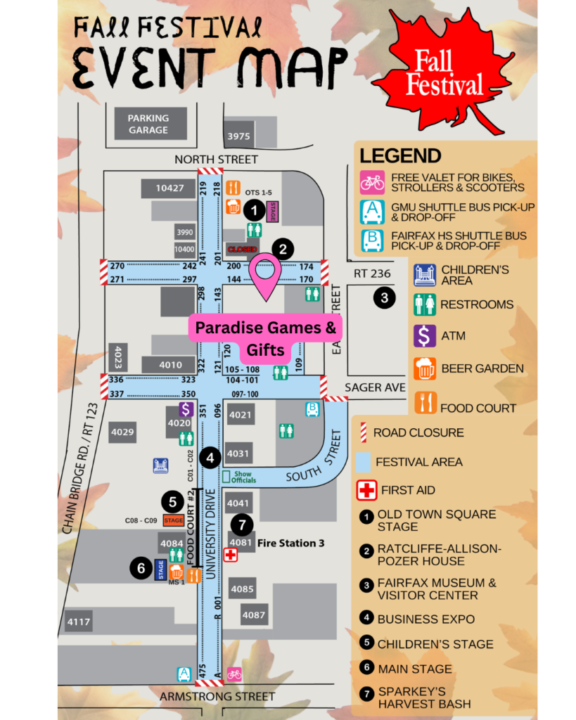 map of downtown Fairfax with Paradise Games & Gifts marked.