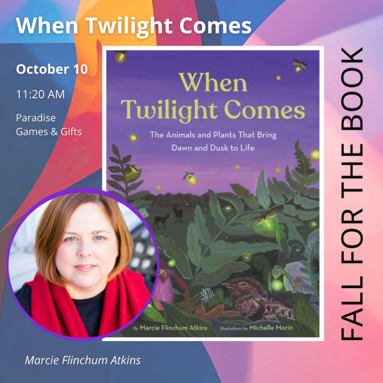 event graphic with book cover with purple sky and animals hiding in grass. Marcie's author photo in a purple circle.